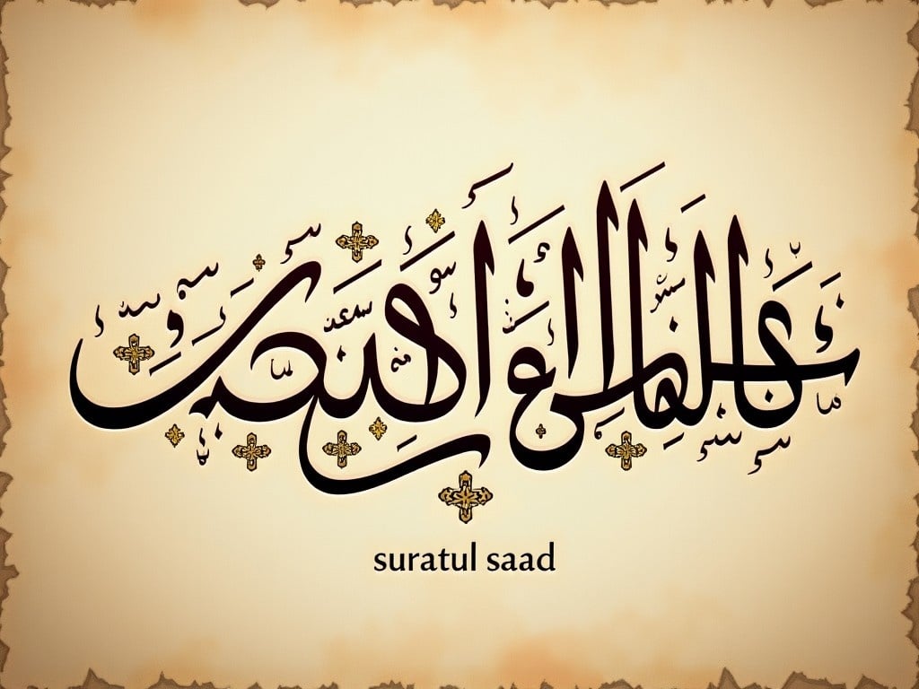 This image features beautiful Arabic calligraphy styled in Diwani, showcasing the text of Suratul Saad. The calligraphy is elegantly designed with intricate flourishes and decorative elements. The color scheme consists of rich black text against a warm cream background, accented with hints of gold. The overall aesthetic is meant to convey a sense of spirituality and reverence for the text. This piece could serve educational purposes or be used as a decorative art piece in homes or places of worship.