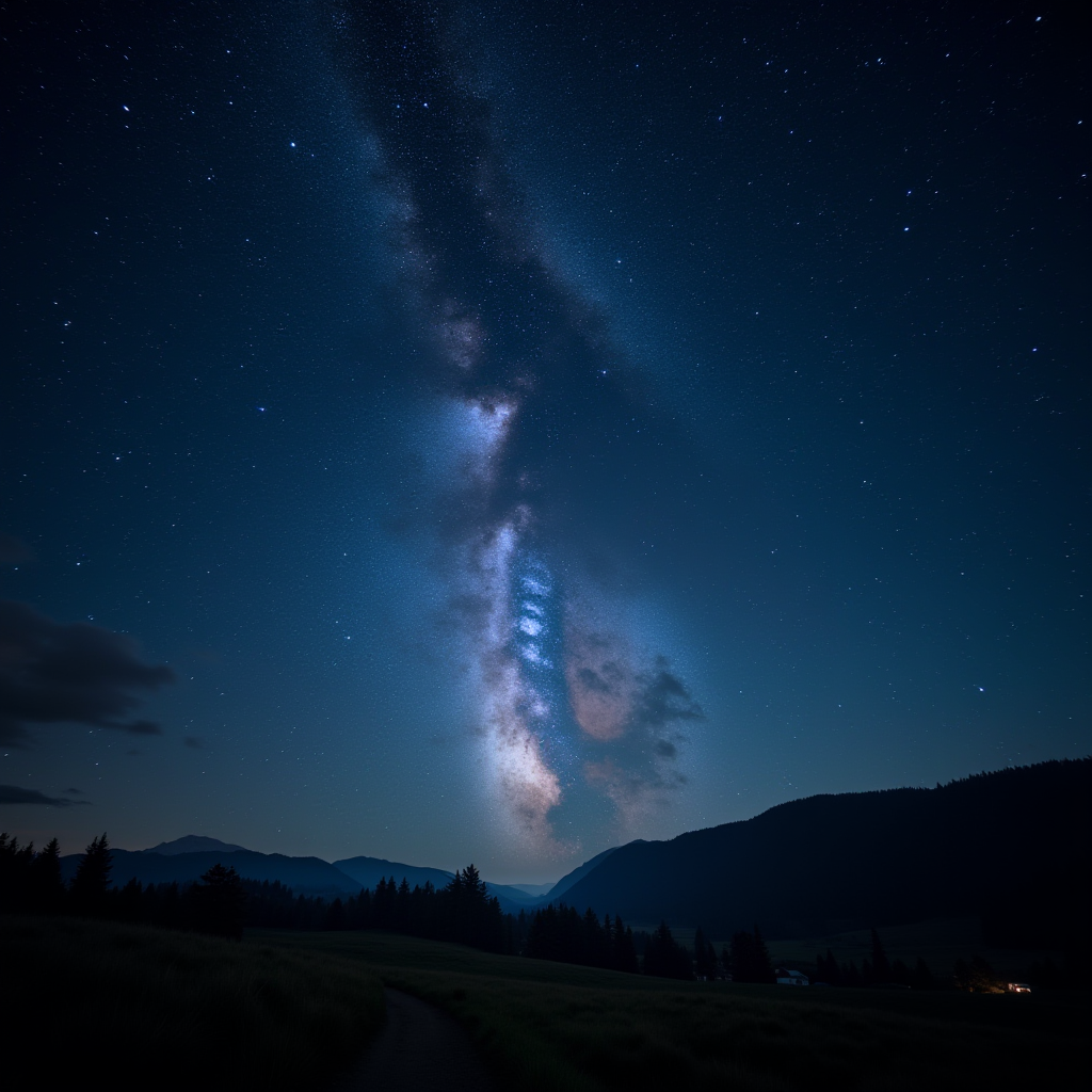 A serene night landscape showcasing the Milky Way galaxy over silhouetted mountains.