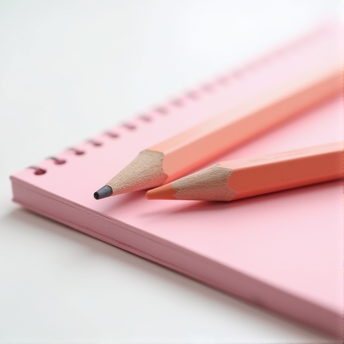 A close-up image featuring two sharpened, coral-colored pencils resting on a pink spiral-bound notebook, evoking a soft and pastel aesthetic.