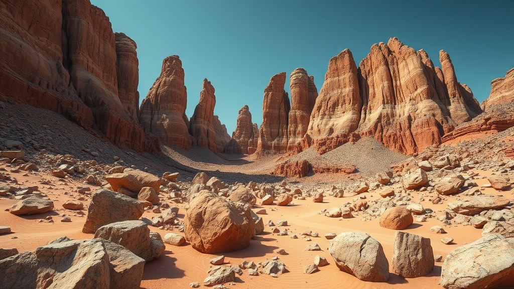 This breathtaking desert landscape captures towering rock formations that rise impressively against a clear blue sky. The ground is dotted with sand and scattered rocks, adding texture and depth to the scene. The sunlight illuminates the red and orange hues of the sandstone cliffs, creating a vibrant contrast with the clear sky.