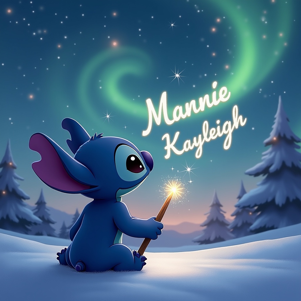 Stitch facing the sky using a magic wand. Magical Christmas background with northern lights. Name Kayleigh elegantly written in the air.