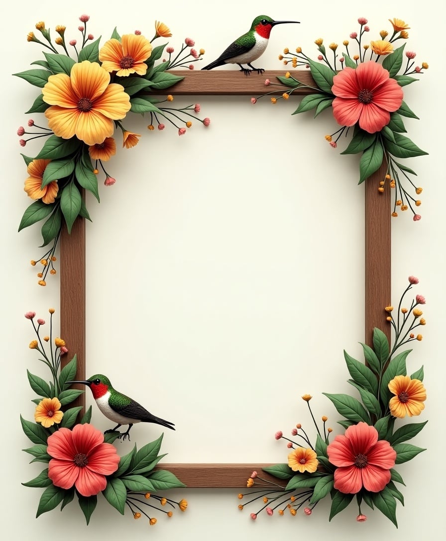 Horizontal frame with small colorful flowers and hummingbirds at corners. Dimensions 30 centimeters high by 40 centimeters wide. Bright and vibrant design.