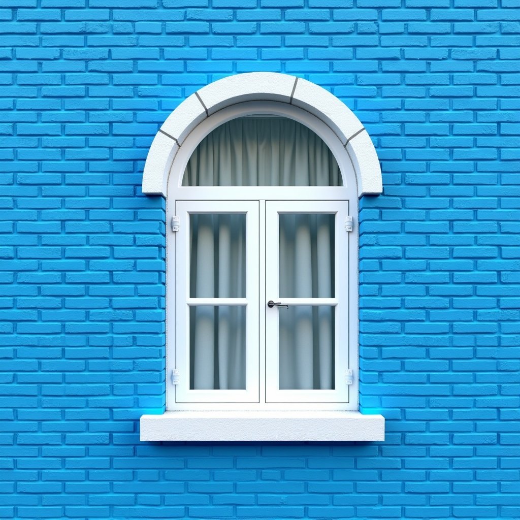 Arched white-framed window set in a bright blue brick wall. Bright colors create a vibrant look. Natural light highlights the window's design.