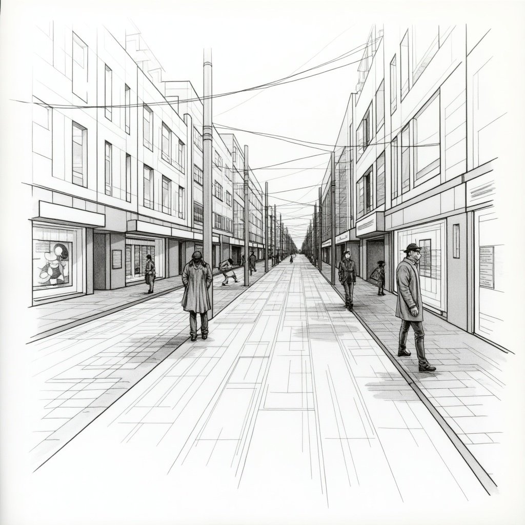 An architectural drawing depicting a street network. The image features linear perspective with a series of buildings on both sides of a central road. Figures are illustrated on the street.