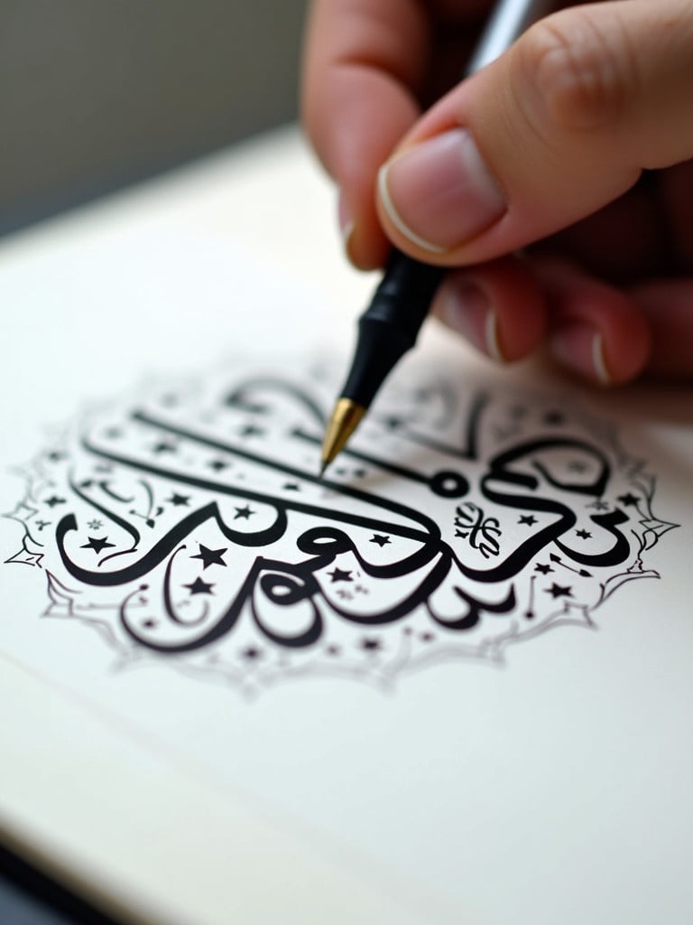 Close-up view of a hand using a pen to write Arabic calligraphy. Bold black ink on white paper. Steady hand focuses on letters. Decorative designs surrounding calligraphy. Soft lighting enhances strokes. Usama is being written.