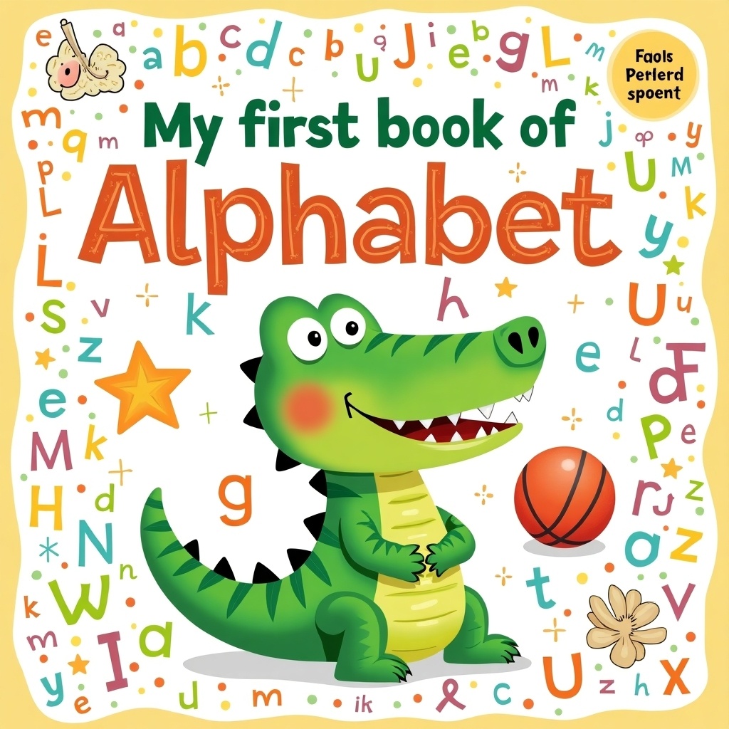 This is a vibrant children's book cover titled 'My First Book of Alphabet.' The main character is a friendly alligator, bright green in color, smiling widely. It is surrounded by various whimsical doodles and letters scattered around. A bright orange ball is featured next to the alligator, emphasizing playfulness. The title is bold and colorful, making it appealing to young children. The overall design is energetic and designed to attract young readers' attention to learn the alphabet.