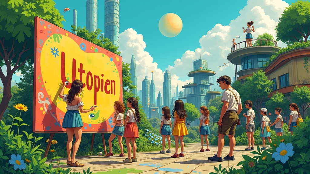 A vibrant Solarpunk scene full of life. Young activists joyfully painting a wall with 'Utopien'. The environment has lush greenery and overgrown flowers in an urban setting. Buildings feature eco-friendly designs with wind turbines and solar panels. Activists wear colorful attire expressing optimism and creativity. The scene is sunny and bright, radiating hope.