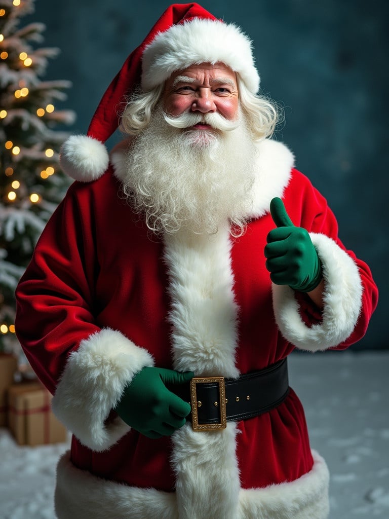 Santa Claus with a big spoon standing and giving a thumbs up. Traditional Christmas attire. Winter scene with decorations.