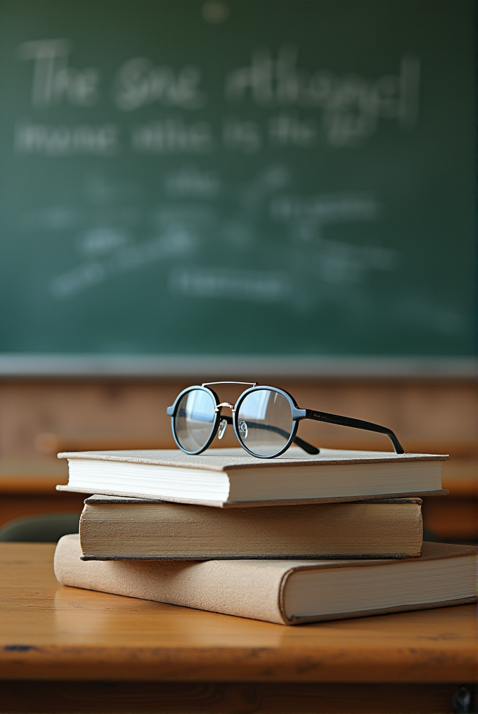 A pair of glasses rests on top of a stack of books in front of a chalkboard.