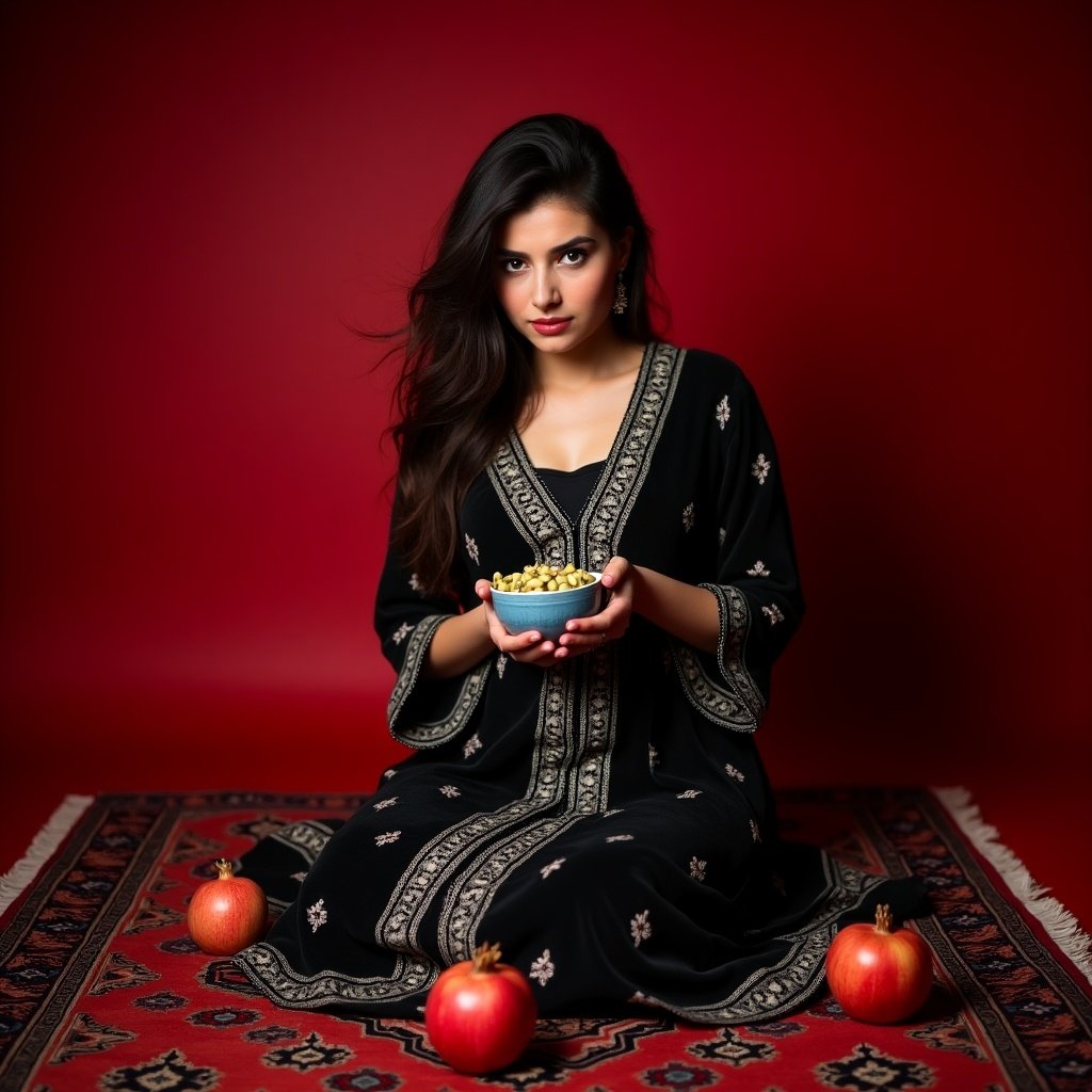 A woman in traditional Persian dress sitting on a dark red rug. She holds a little blue ceramic bowl full of pistachios. The background is red. There are apples and pomegranates on the floor.