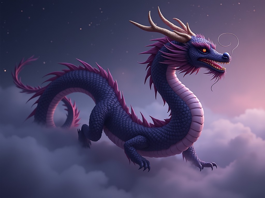 A dark purple Chinese long dragon is gracefully soaring above the clouds. The dragon features majestic antlers and a fierce expression, with scales shimmering in purple and hints of white. Ethereal wisps of cloud surround its elongated body, emphasizing its mythical nature. The background is a twilight sky filled with stars, enhancing the magical atmosphere. This illustration captures the majestic essence of a legendary creature, symbolizing power and wisdom.