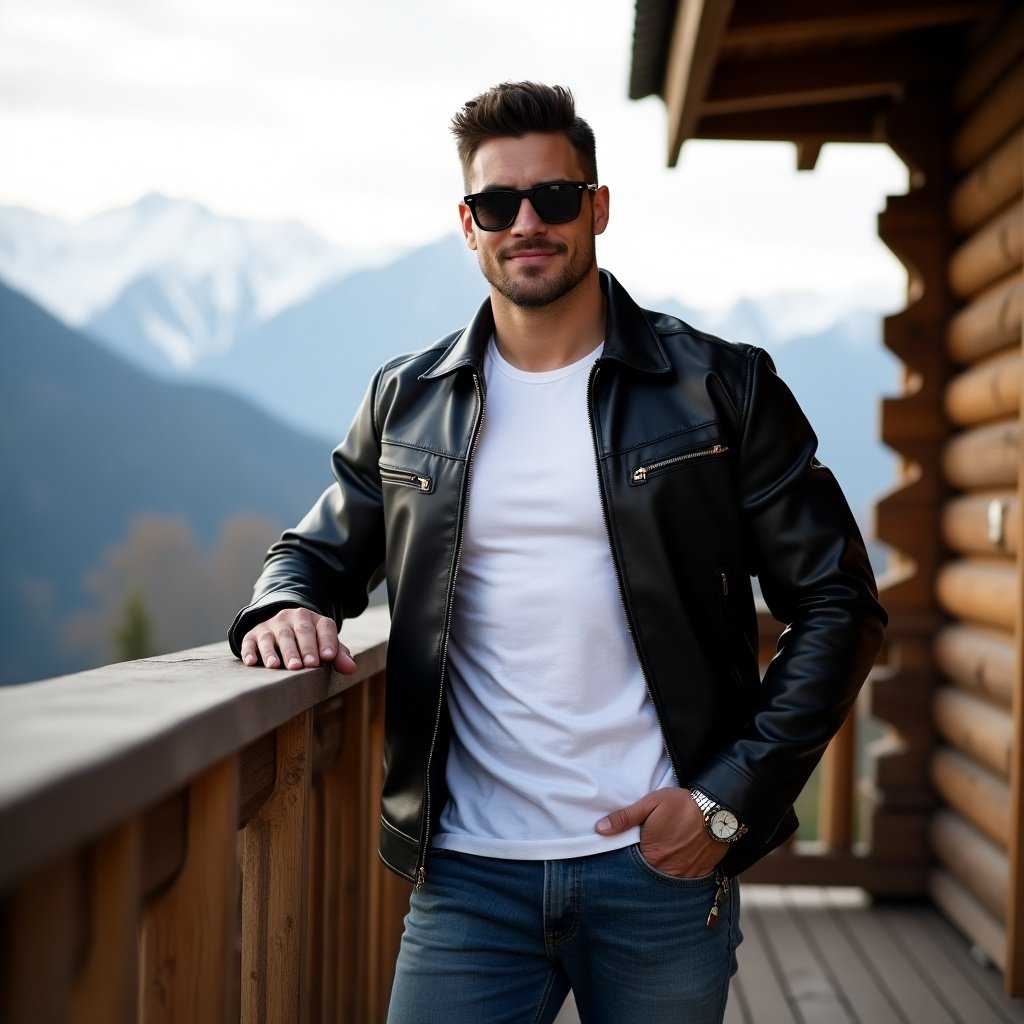 A confident young man leans against a wooden railing on a balcony. He is wearing a black leather jacket, white t-shirt, and blue jeans. Mountains are in the background. The man has a strong physique and is smiling slightly. His watch adds sophistication.