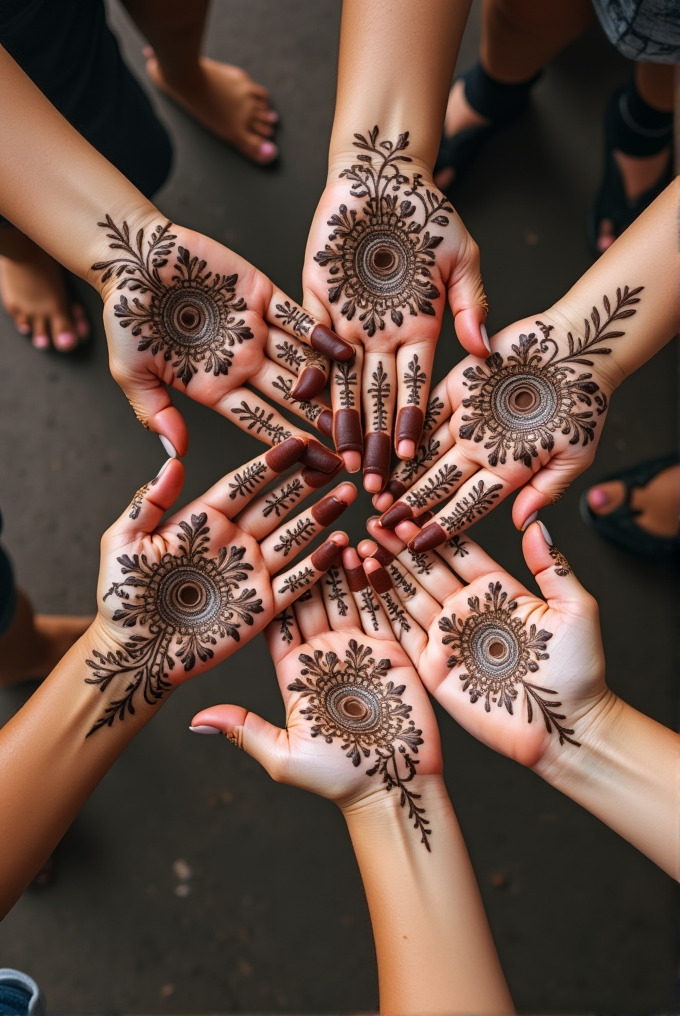 A group of hands adorned with intricate mehndi designs forming a circular arrangement.