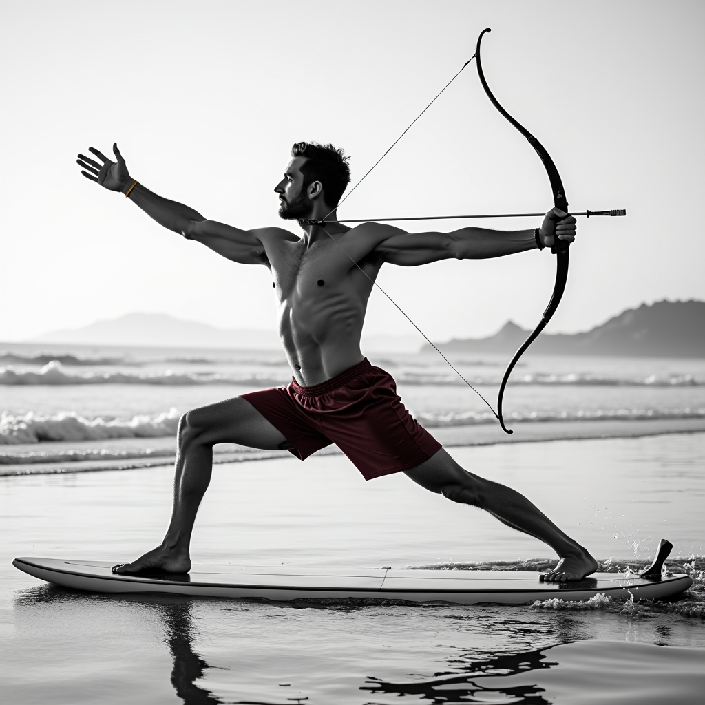 A shirtless man in red shorts skillfully balances on a surfboard as he pulls back a bow, aiming at an unseen target, with the serene ocean and distant islands in the backdrop.