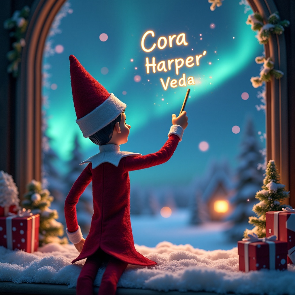 An enchanting Christmas scene featuring an elf on the shelf. The elf is dressed in classic red and white attire, turning away from the viewer to gaze at a magical sky. With a wand in hand, he writes the names 'Cora', 'Harper', and 'Veda' in a glowing script. Behind him, vibrant northern lights dance across the sky, enhancing the magical atmosphere. The snowy setting is adorned with festive decorations and gifts, embodying the spirit of Christmas. The scene portrays the joy and wonder of the holiday season, inviting viewers to share in the enchantment.