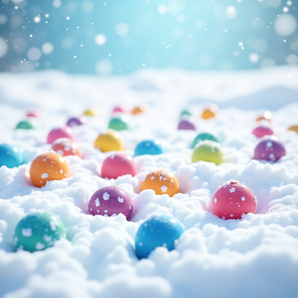 Colorful balls scattered on snow. Winter scene with snowdrifts. Pastel colored eggs in white snow.