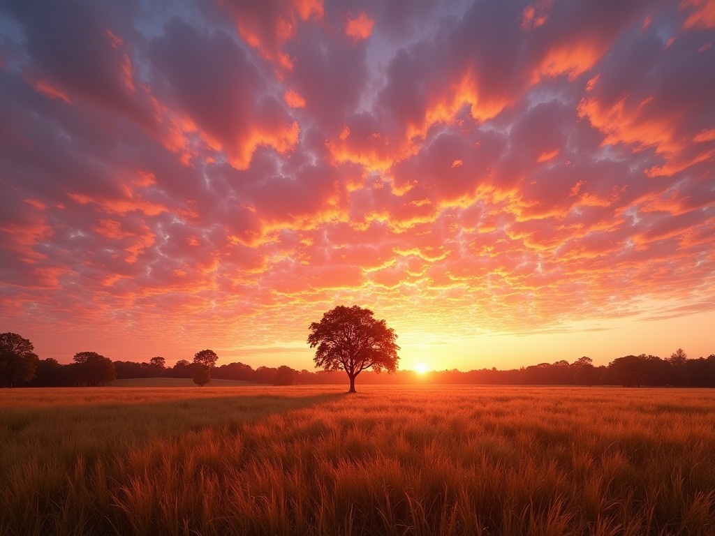 This image depicts a stunning sunset over a vast field. The sky is alive with vibrant shades of pink and orange, accented by a tapestry of scattered clouds. A solitary tree stands at the center of the scene, surrounded by a golden field swaying gently in the breeze. The horizon showcases more silhouetted trees, adding depth and interest. The overall composition captures the essence of tranquility and natural beauty, making it a perfect representation of a peaceful evening outdoors.