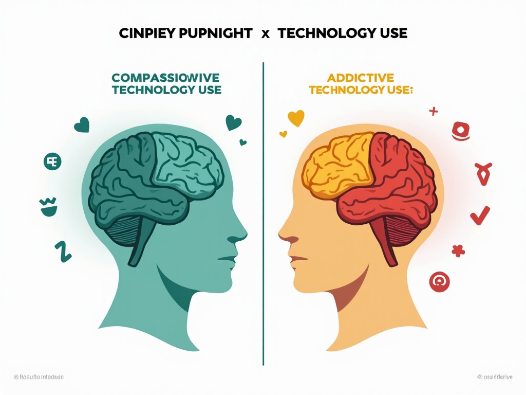 Create an infographic illustrating brain activity during compassionate versus addictive technology use. Use a split-screen design with a white background. On the left side, show 'Compassionate Technology Use' using positive teal and greenish colors to represent balanced brain activity. On the right side, illustrate 'Addictive Technology Use' with negative red and yellow to show overstimulation. Include simple annotations to highlight affected brain regions with icons, like hearts for emotional well-being and lightning bolts for stress. Ensure the design is engaging and educational for a broad audience.