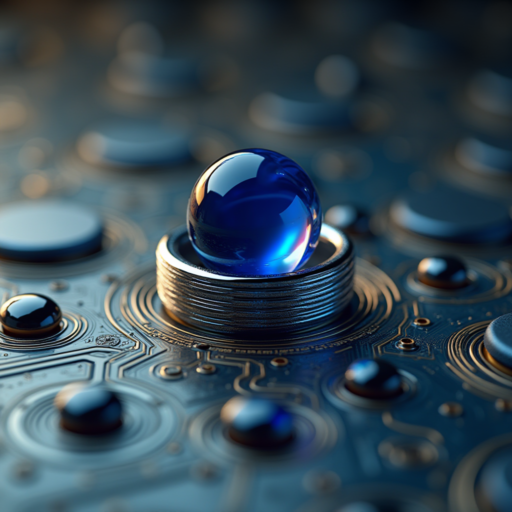 A blue sphere rests on an intricate, futuristic circuit board.