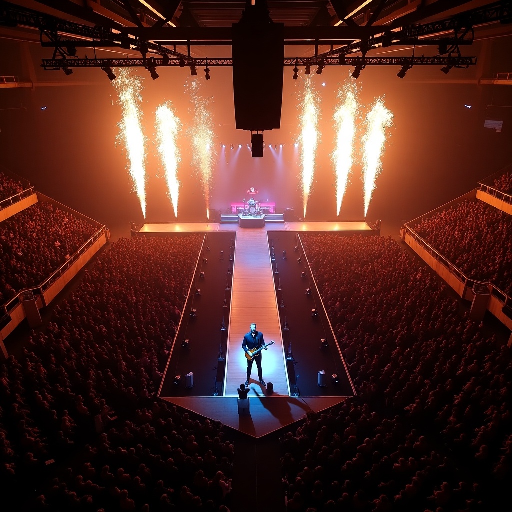 Roddy Rich performing at Madison Square Garden. Stage with T-shaped runway. Aerial view captured by drone. Pyrotechnics creating a dramatic effect.