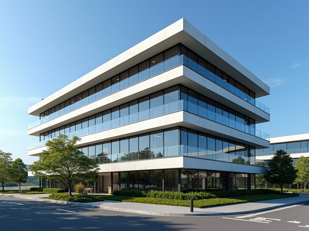 This image showcases a modern, multi-story office building featuring a sleek design. The structure is primarily made of glass with white panels and is surrounded by well-maintained greenery. The blue sky complements the bright ambiance of the scene. The view is taken from a low angle, emphasizing the height and sophistication of the building. It represents a cutting-edge corporate space, ideal for contemporary business needs.