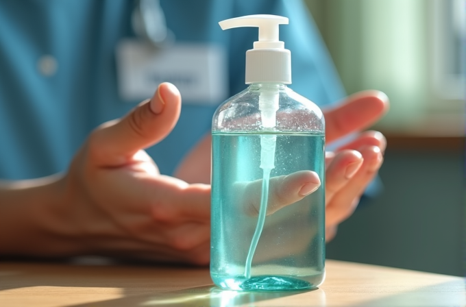 A close-up of a person using hand sanitizer from a bottle with a pump.