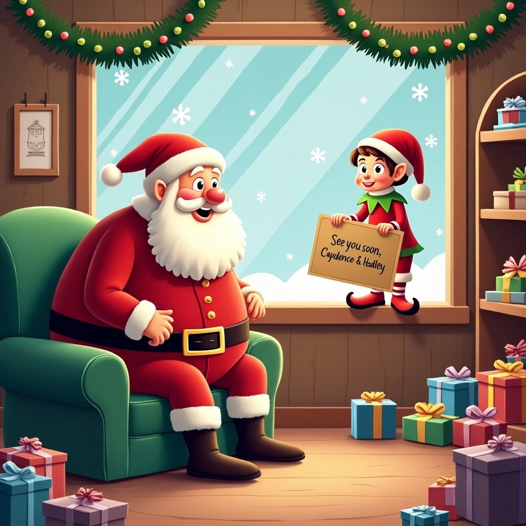 Santa in workshop with elf on a shelf holding a sign. Sign says ‘See you soon, Caydence & Hadley’. Presents around. Cheerful atmosphere. Cozy holiday setting.