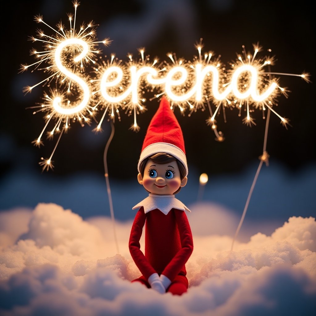 Cheerful Elf on the Shelf named Serena sits in snowy scene at night. Elf wears red outfit with pointy hat. Name Serena shines in sky with sparklers. Magical ambiance captured in snowy setting.