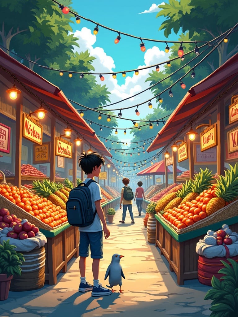 Vibrant market scene filled with colorful stalls. Young person with a backpack stands in the foreground. Diverse produce includes pineapples and tomatoes. Warm lights hanging overhead. Signs in various languages decorate stalls. Two figures in the background navigating the market.