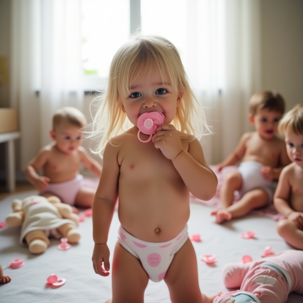 A cute, tall toddler girl wearing only a white and pink nappy, with a pink pacifier in her mouth and a playful expression, is playing with a group of other toddlers. The room is filled with soft, natural light coming through a window, highlighting her fine, long, straight blonde hair. She is taking the pacifier out of her mouth so that its rubber teat is showing. The background features dolls and scattered pacifiers, creating a cozy atmosphere. This image captures a tender, playful moment of early childhood.