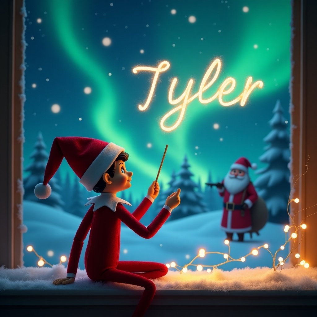 An enchanting holiday scene featuring an Elf on the Shelf with his back to the viewer. The elf is seated on a snowy window ledge, facing a stunning backdrop filled with northern lights. He is using a magic wand to elegantly write the name 'Tyler' in the sky. In the background, Santa Claus is also present, joyfully engaged in his festive duties. Surrounding the elf are twinkling fairy lights that add to the magical atmosphere. The entire image embodies the spirit of Christmas with its vivid colors and whimsical elements.