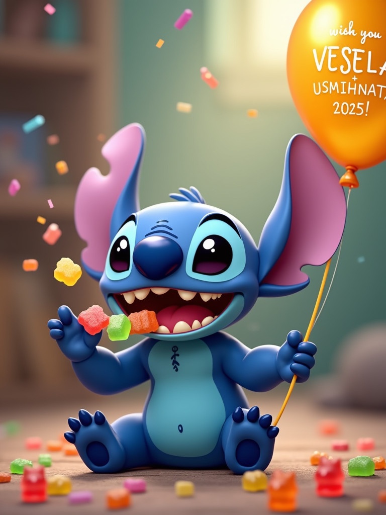 Cute blue alien named Stitch joyfully sitting down. Wide smile shows teeth. One hand throws gummy bears. Mouth full of gummy bears. Other hand holds a balloon saying wish you VESELA USMIHNATA 2025. Confetti and gummy bears in the air.