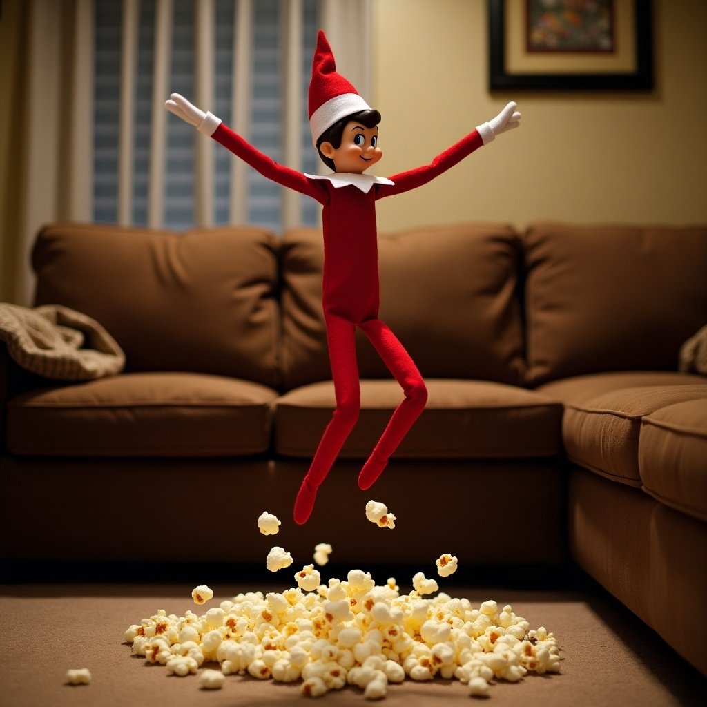 An elf on the shelf jumps on a brown sectional couch and throws popcorn on the floor.