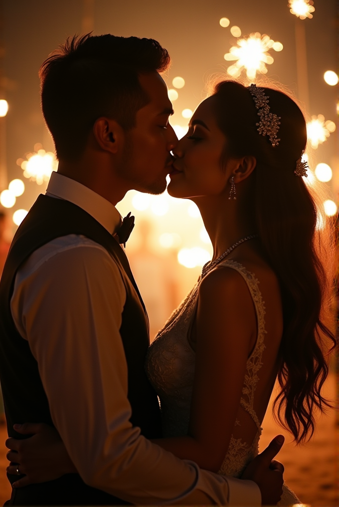 A couple is kissing surrounded by sparkling lights, with a warm and intimate atmosphere.