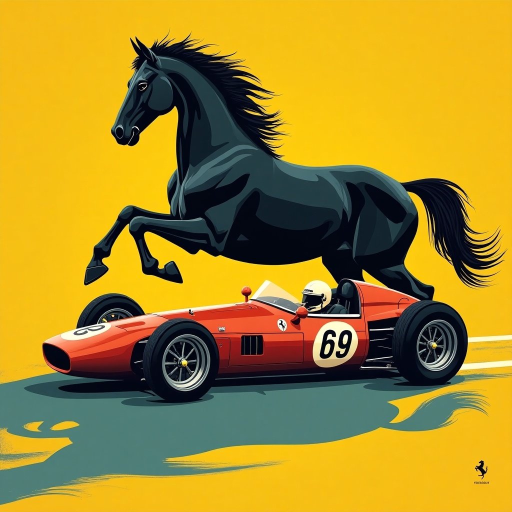 Design a movie poster featuring a retro Italian Formula 1 Ferrari with a horse. Use yellow, black, and blue colors with sharp edges in a modern design.