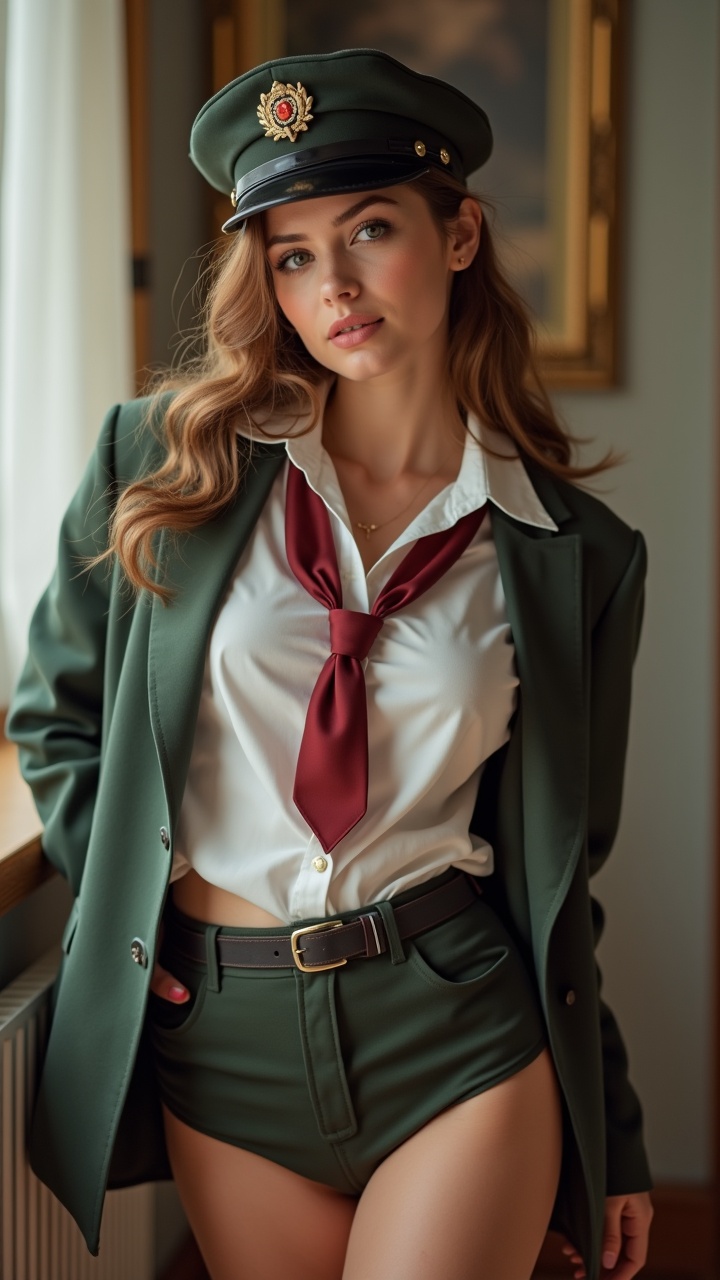 A woman in a green military-style uniform with a cap, standing indoors near a window, capturing a blend of authority and style.