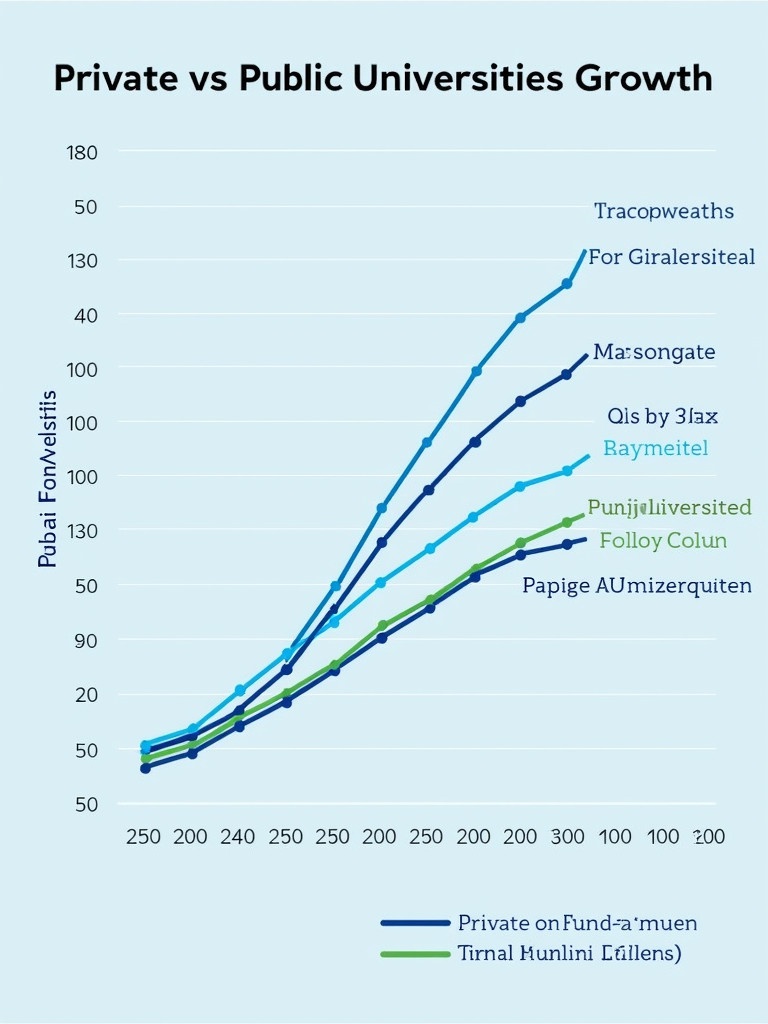 Graph illustrating growth patterns of private versus public universities from 2000 to 2024. Data includes years and corresponding number of institutions for each type. Both private and public universities show growth in different trajectories across the timeline. Visual data representation with distinct lines for each university type.