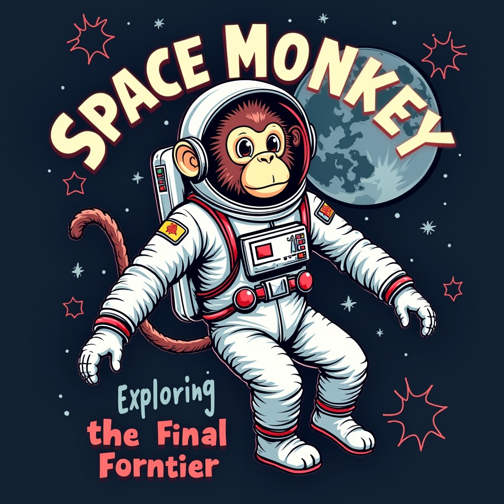 T-shirt design features a monkey in an astronaut suit. Astronaut floats in space. Detailed moon in the background. Artistic elements include stars and polar imagery. Text reads 'Space Monkey: Exploring the final frontier'.