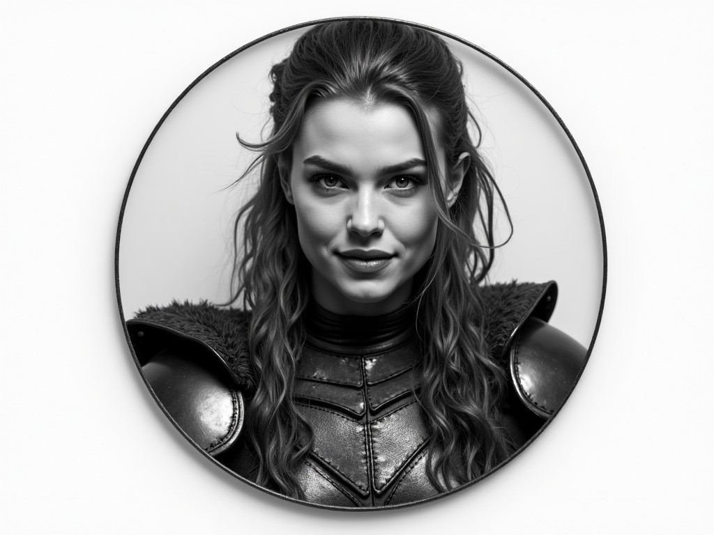 This black and white portrait features a female warrior donned in armor, exuding an aura of strength and determination. Her hair is styled in a loose, yet deliberate manner, and her gaze is focused and intense, conveying both beauty and authority. The ring-shaped frame around her adds a unique artistic touch to the image.