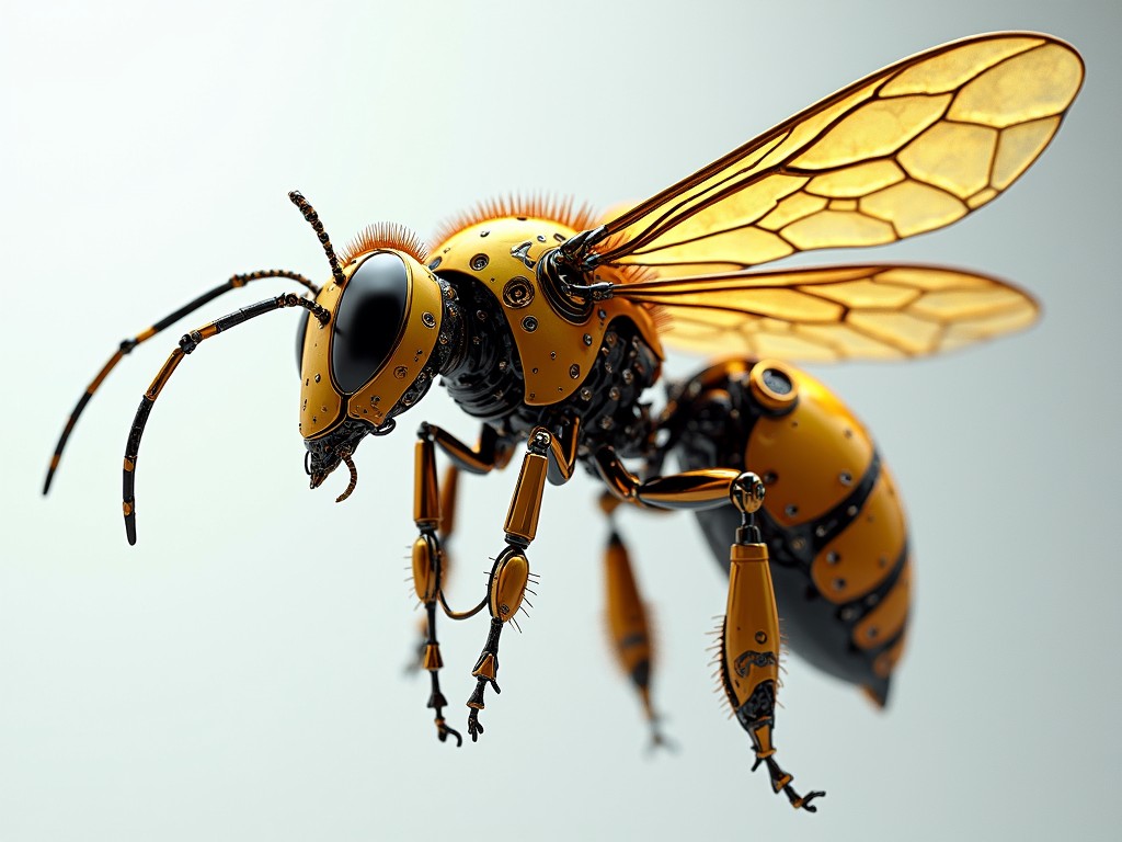 A highly detailed, metallic-yellow robotic bee with mechanical wings and joints, set against a simple, light background.