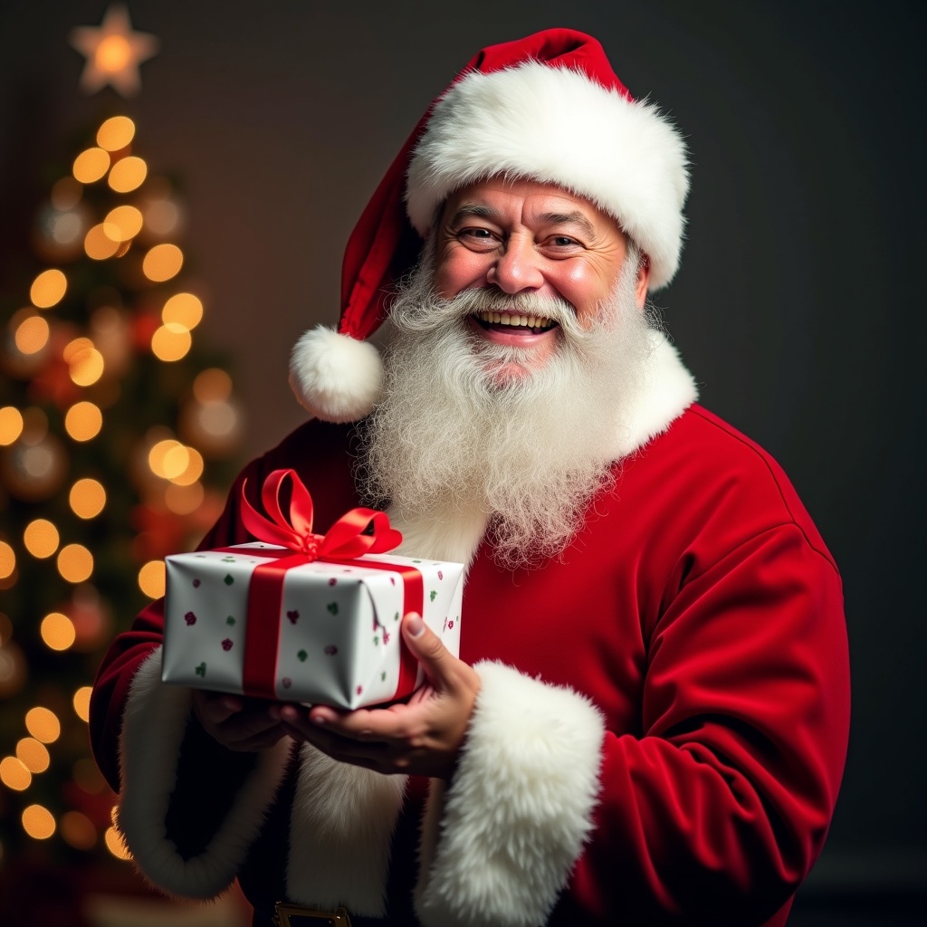 Santa Claus joyfully holds a beautifully wrapped gift against a bright background