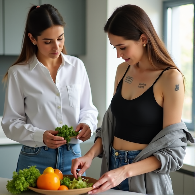 Two women are preparing food in a modern kitchen, one holding leafy greens and the other assembling them with fruits on a plate.