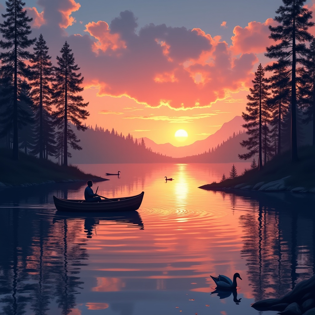 A serene landscape showcasing a sunset over a lake. There is a person in a canoe, with another canoe in the distance. Ducks swim nearby. Tall trees flank the lake, creating a peaceful atmosphere.