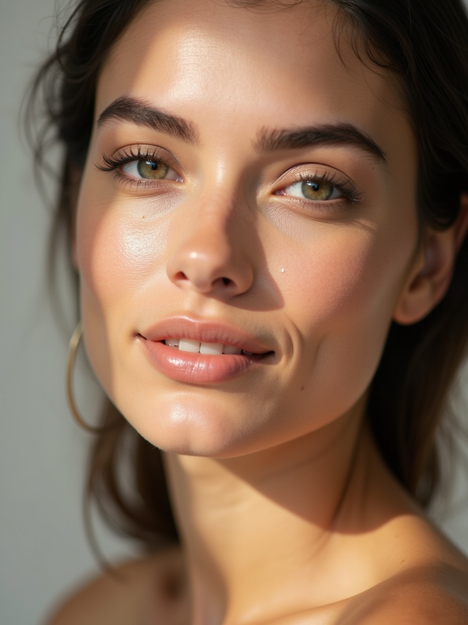 A portrait of a woman with a neutral expression showcasing natural beauty. She has glowing skin and softly defined brows. The lighting is soft and natural, enhancing her features. The image embodies a minimalist beauty approach, suitable for natural skincare promotions.