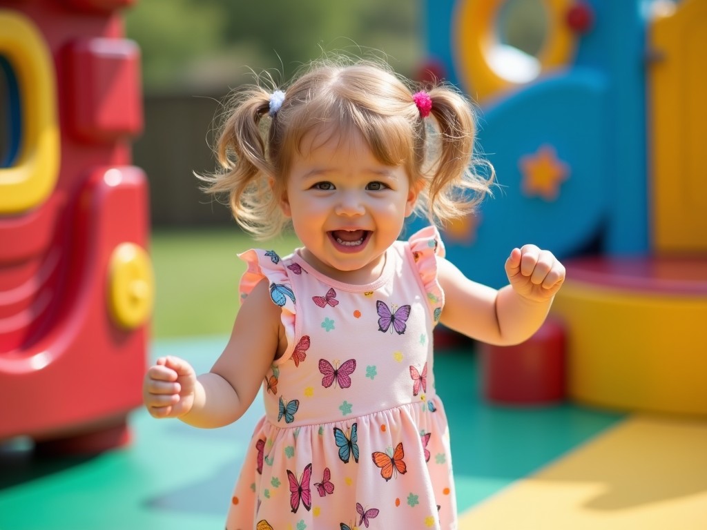 The image features a joyful young child playing outdoors on a colorful playground. The child is smiling widely, wearing a dress adorned with butterfly patterns. Their hair is styled in pigtails, adding to their playful appearance. The playground equipment is bright and vibrant, primarily in colors like red, blue, and yellow. This scene embodies the essence of childhood fun and innocence, set against a soft background of greenery.