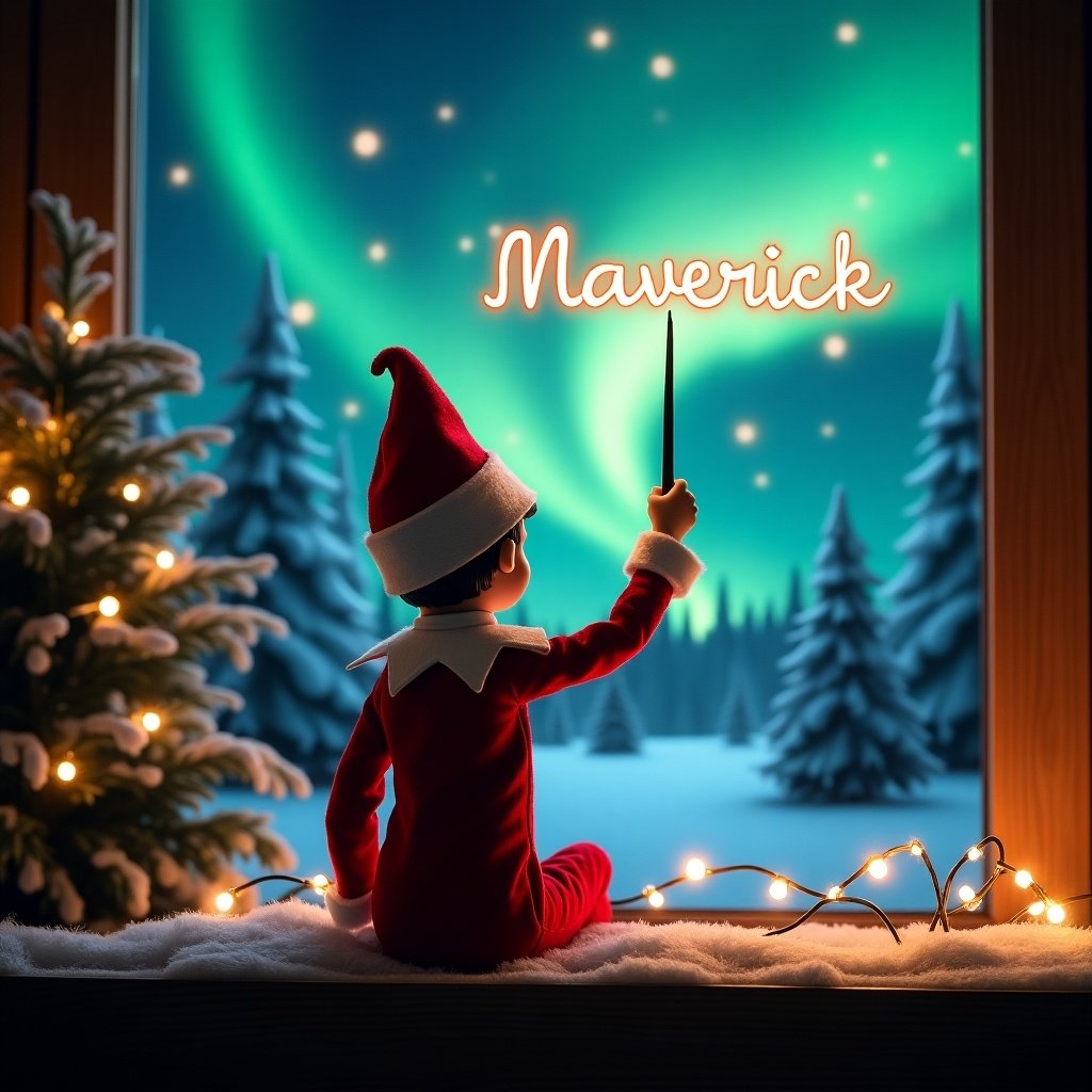 An enchanting Christmas scene featuring an elf on the shelf. The elf is dressed in red and white, facing the vibrant northern lights. He wields a magic wand, writing 'Maverick' in glowing script above. The backdrop includes snow-covered trees, enhancing the magical ambiance. The scene is festive and captures the spirit of Christmas with a whimsical twist. The elf's action creates a sense of wonder, perfectly depicting the joy of the holiday season.