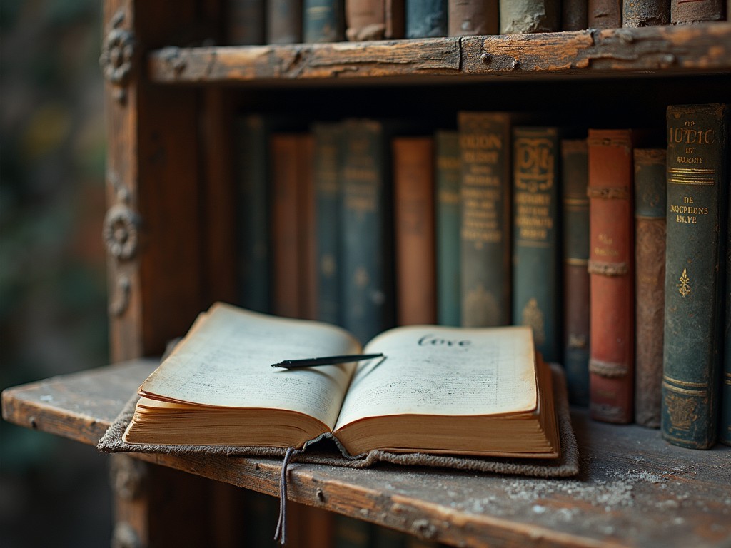 A rustic, wooden bookshelf holds an assortment of aged, leather-bound books, invoking a sense of history and curiosity. An open book with the word 'love' prominently written lies in the foreground, alongside a pen, suggesting a moment of personal reflection or creativity. The dim, natural lighting emphasizes the texture of the wood and the tactile allure of the books.