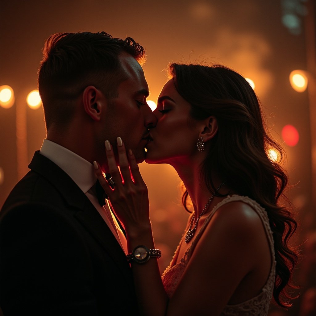 A couple sharing an intimate moment, kissing deeply with soft lighting. Couples dressed elegantly against a warm background. Emotion being shared between them.