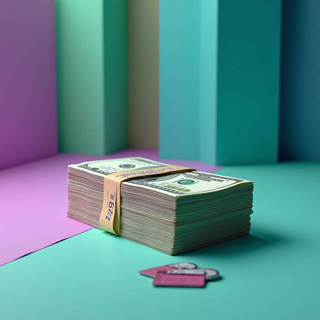 A stack of hundred-dollar bills next to poker chips, set against a colorful background.