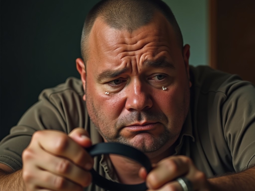 This image portrays a man in deep contemplation, with tears reflecting his emotional state. His rugged appearance suggests a life filled with challenges. Looking down, he clutches a black object, symbolizing his struggle. The soft lighting highlights the contours of his face, emphasizing his emotional turmoil. This close-up invites viewers to connect with the raw and vulnerable moment he's experiencing.